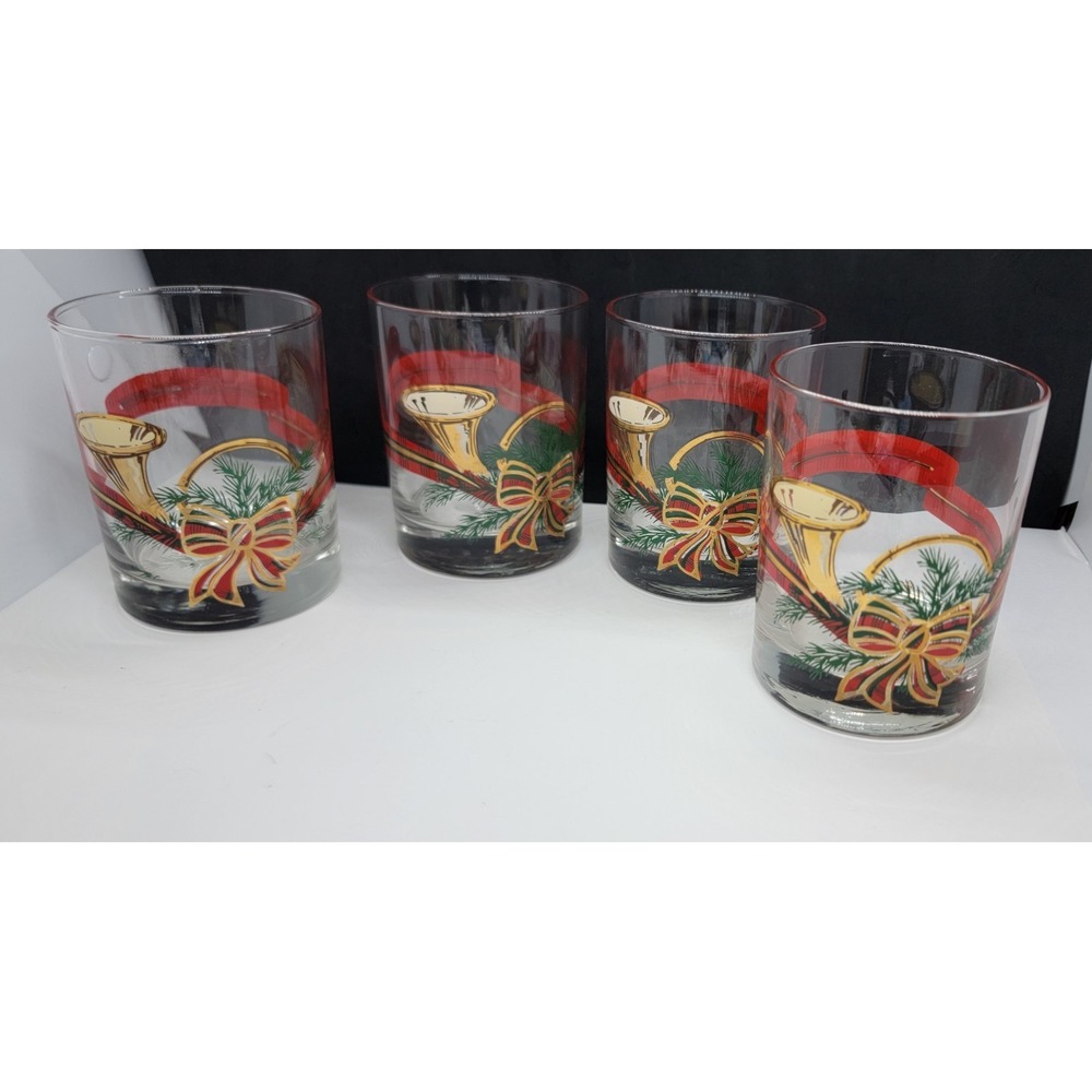 Set Of 4 Georges Briard Christmas Horn "The Hunt" Old Fashioned Rocks Glasses